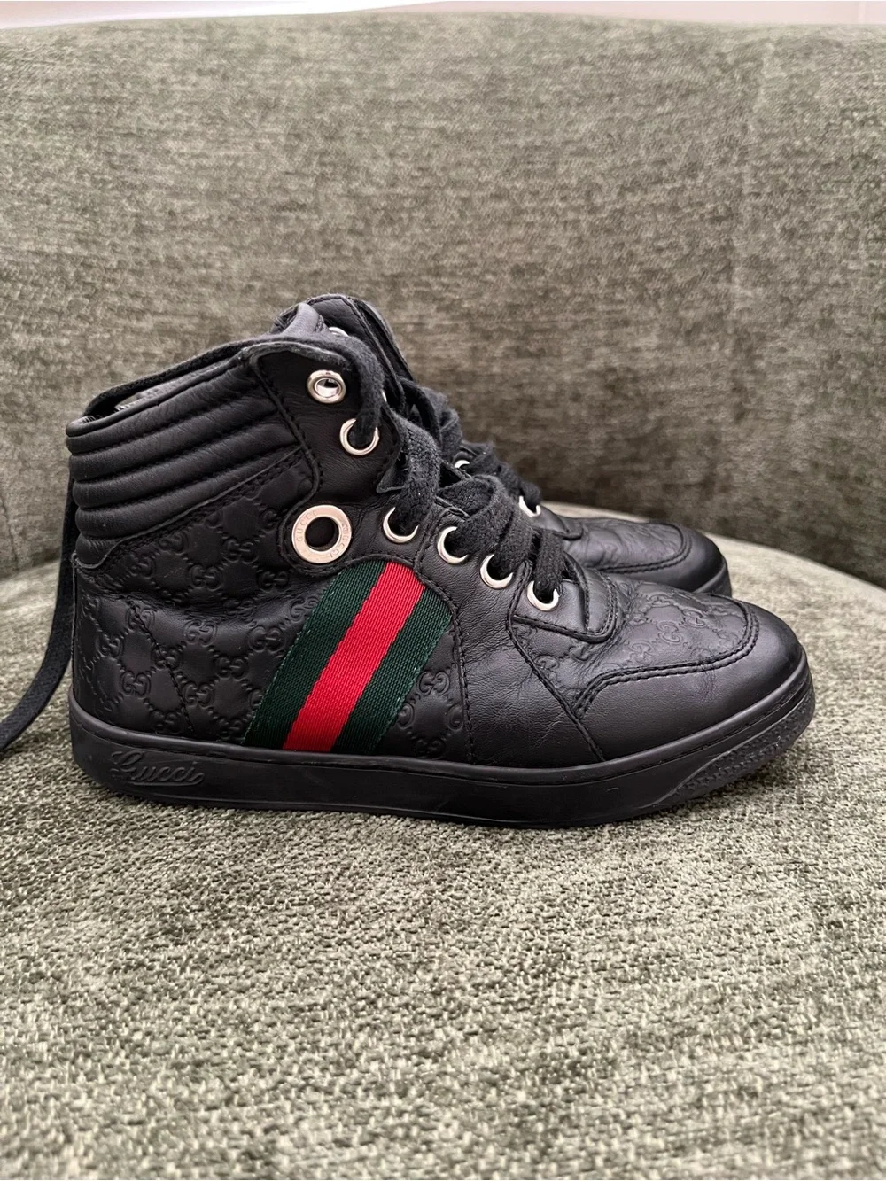 Gucci Boys Black High Top Sneakers GG Guccissima Web size 29 Stripe Lace Up
